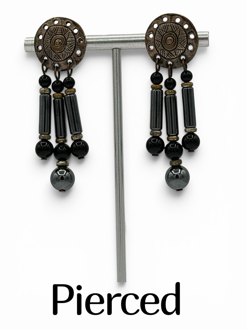 Hematite Black Onyx Southwestern Concha Sun Sterling Silver Earrings Jewelry